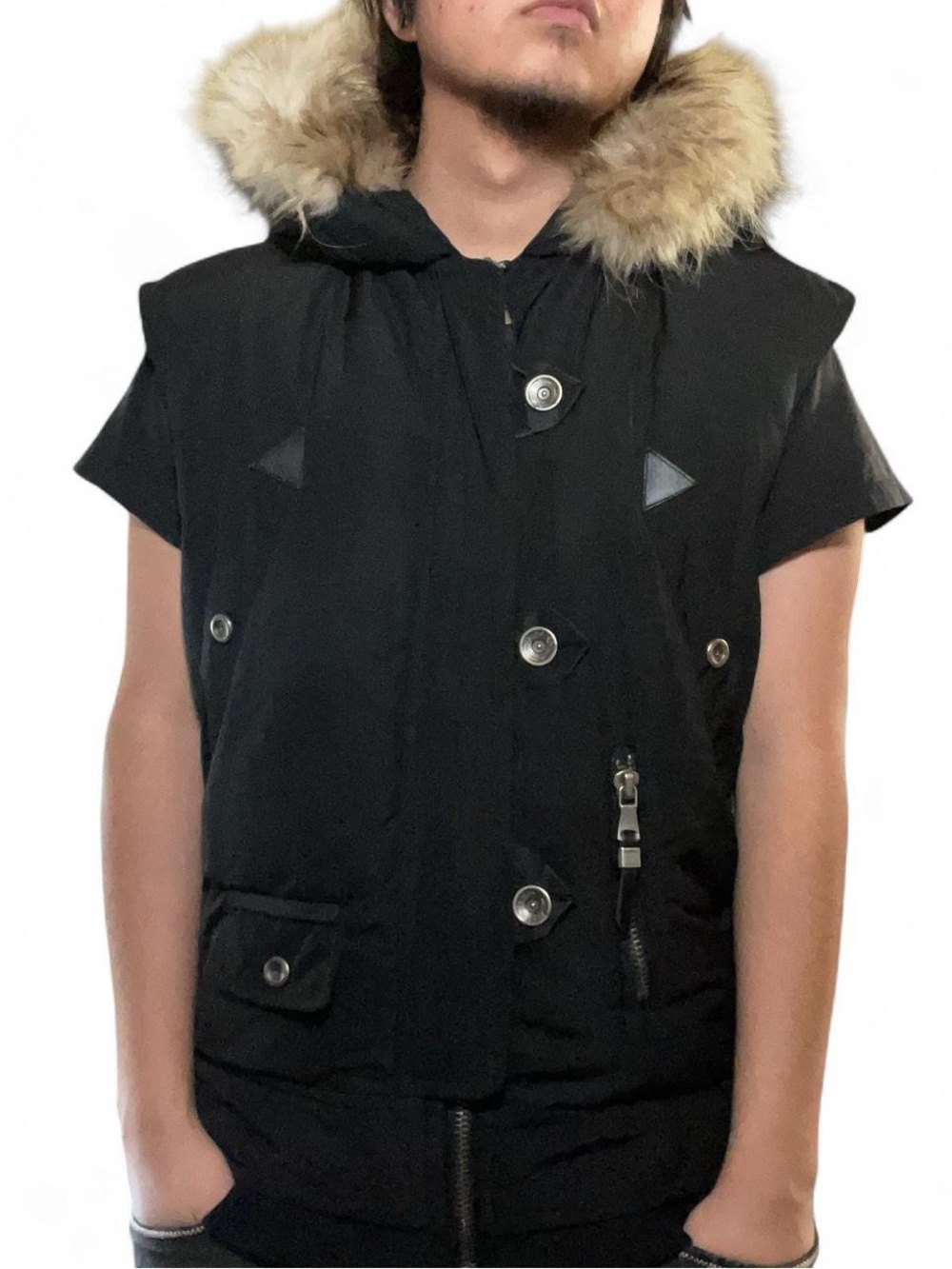 Eveet Vogue‎ Wear Black Puffer Vest with Fur Trim Hood Cyber Y2K Grunge